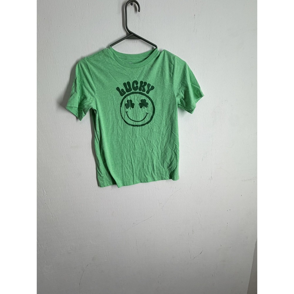 Wonder Nation Boys Lucky Shamrock Smiley Green Graphic Tee Shirt Size L 10-12